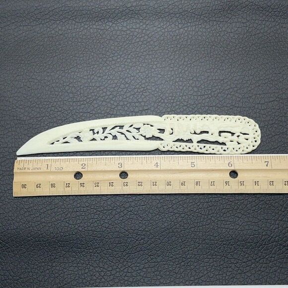 Vintage Celluloid Carved Plastic Letter Opener Asian Village Scene Floral Cream - Picture 10 of 11
